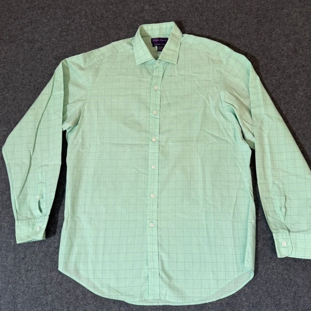 Ralph Lauren Purple Label Mens Mint Green Windowpane Cotton Dress Shirt 16.5 L - Picture 1 of 10
